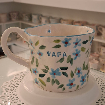 Handmade Pottery Mug . Customized Name . Blue Flowers 2