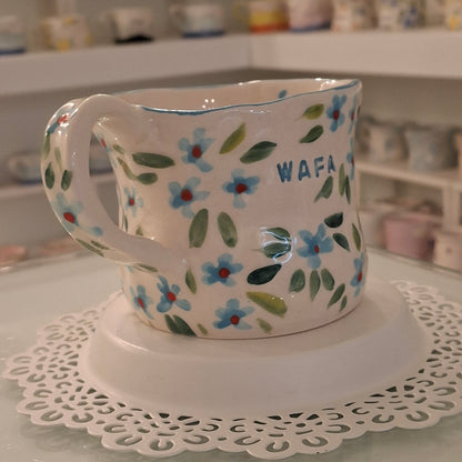 Handmade Pottery Mug . Customized Name . Blue Flowers 2