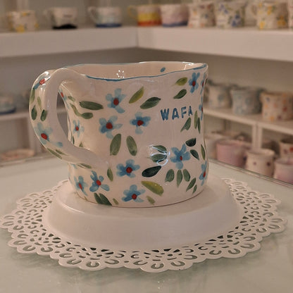 Handmade Pottery Mug . Customized Name . Blue Flowers 2