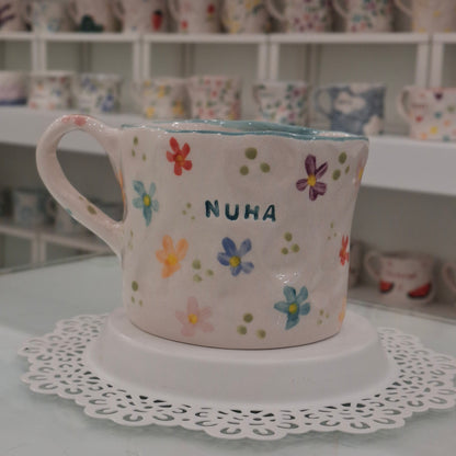 Handmade Pottery Mug . Customized Name . Colorfull Flowers