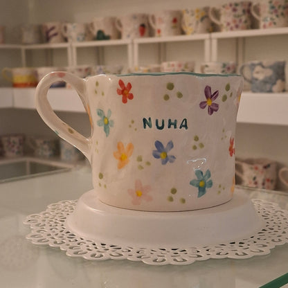 Handmade Pottery Mug . Customized Name . Colorfull Flowers