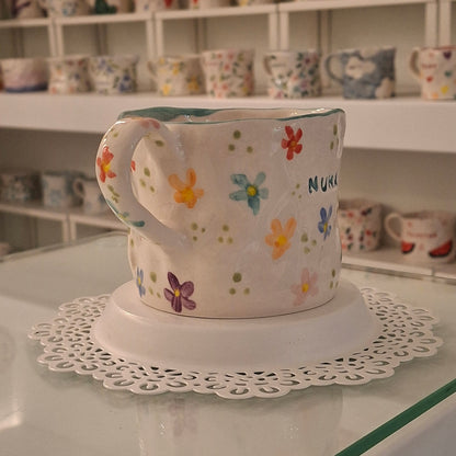 Handmade Pottery Mug . Customized Name . Colorfull Flowers