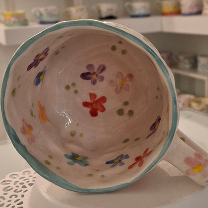 Handmade Pottery Mug . Customized Name . Colorfull Flowers