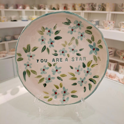 Handmade Pottery Plate .. Sky Blue Flowers