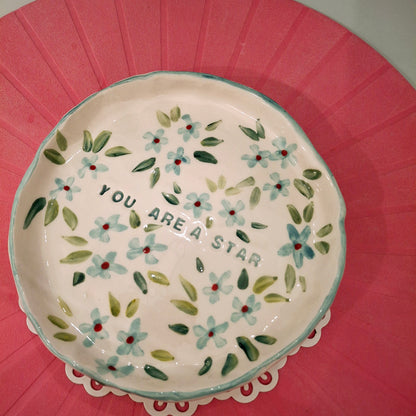 Handmade Pottery Plate .. Sky Blue Flowers