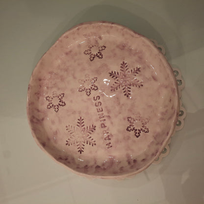 Handmade Pottery Plate .. Purple Snow Flakes