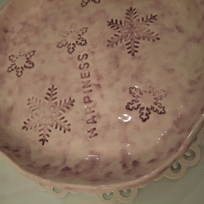 Handmade Pottery Plate .. Purple Snow Flakes