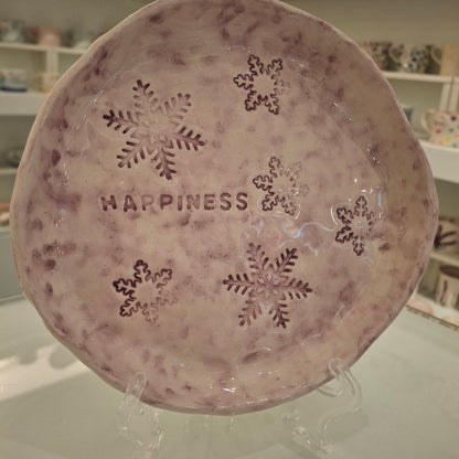 Handmade Pottery Plate .. Purple Snow Flakes