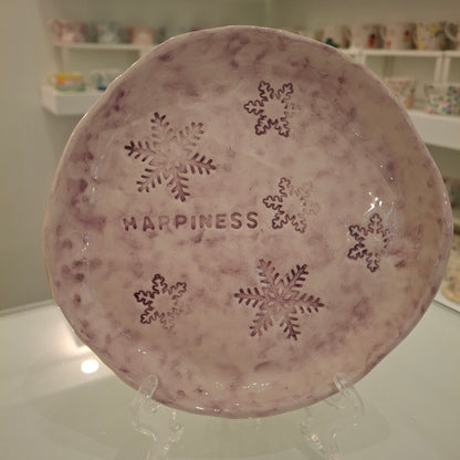 Handmade Pottery Plate .. Purple Snow Flakes