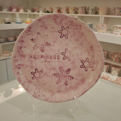 Handmade Pottery Plate .. Purple Snow Flakes
