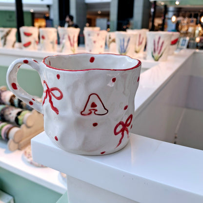 Handmade Pottery Mug .. Customized Letter .. Red Bow