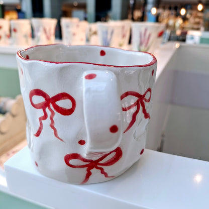 Handmade Pottery Mug .. Customized Letter .. Red Bow