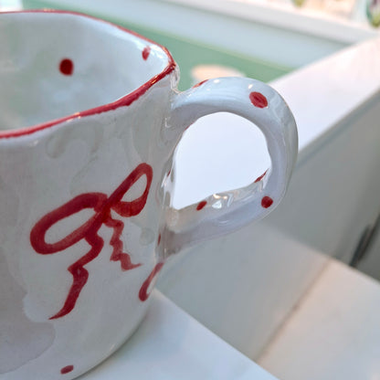 Handmade Pottery Mug .. Customized Letter .. Red Bow
