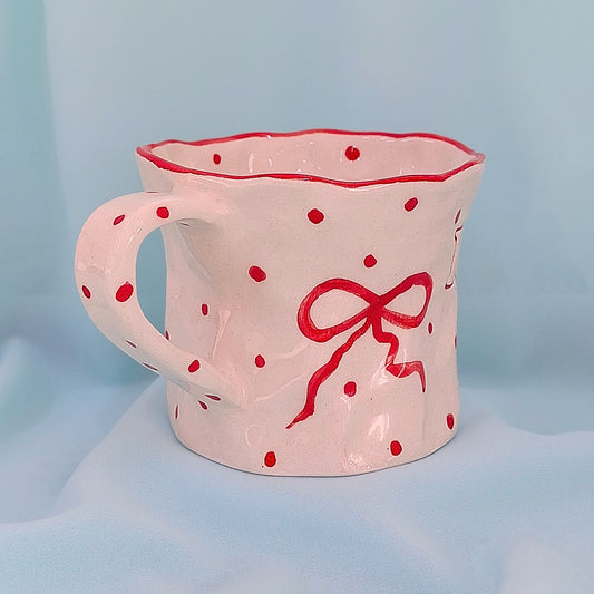 Handmade Pottery Mug .. Customized Letter .. Red Bow