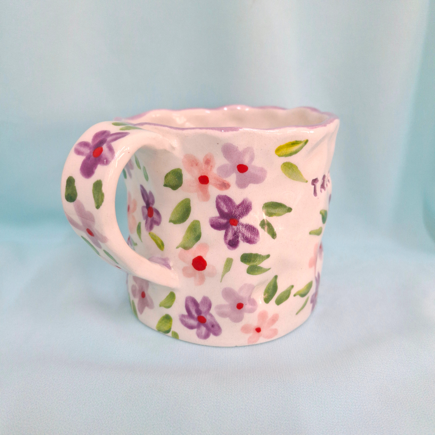 Handmade Pottery Mug . Customized Name. Purple & Pink Flowers