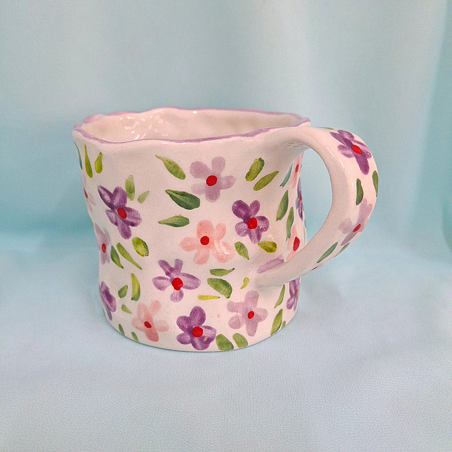 Handmade Pottery Mug . Customized Name. Purple & Pink Flowers