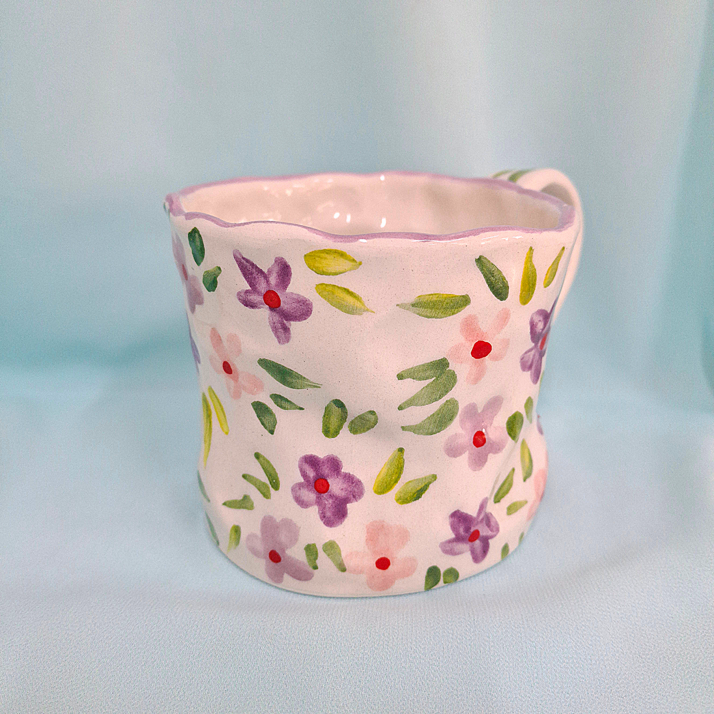 Handmade Pottery Mug . Customized Name. Purple & Pink Flowers