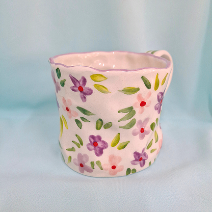 Handmade Pottery Mug . Customized Name. Purple & Pink Flowers