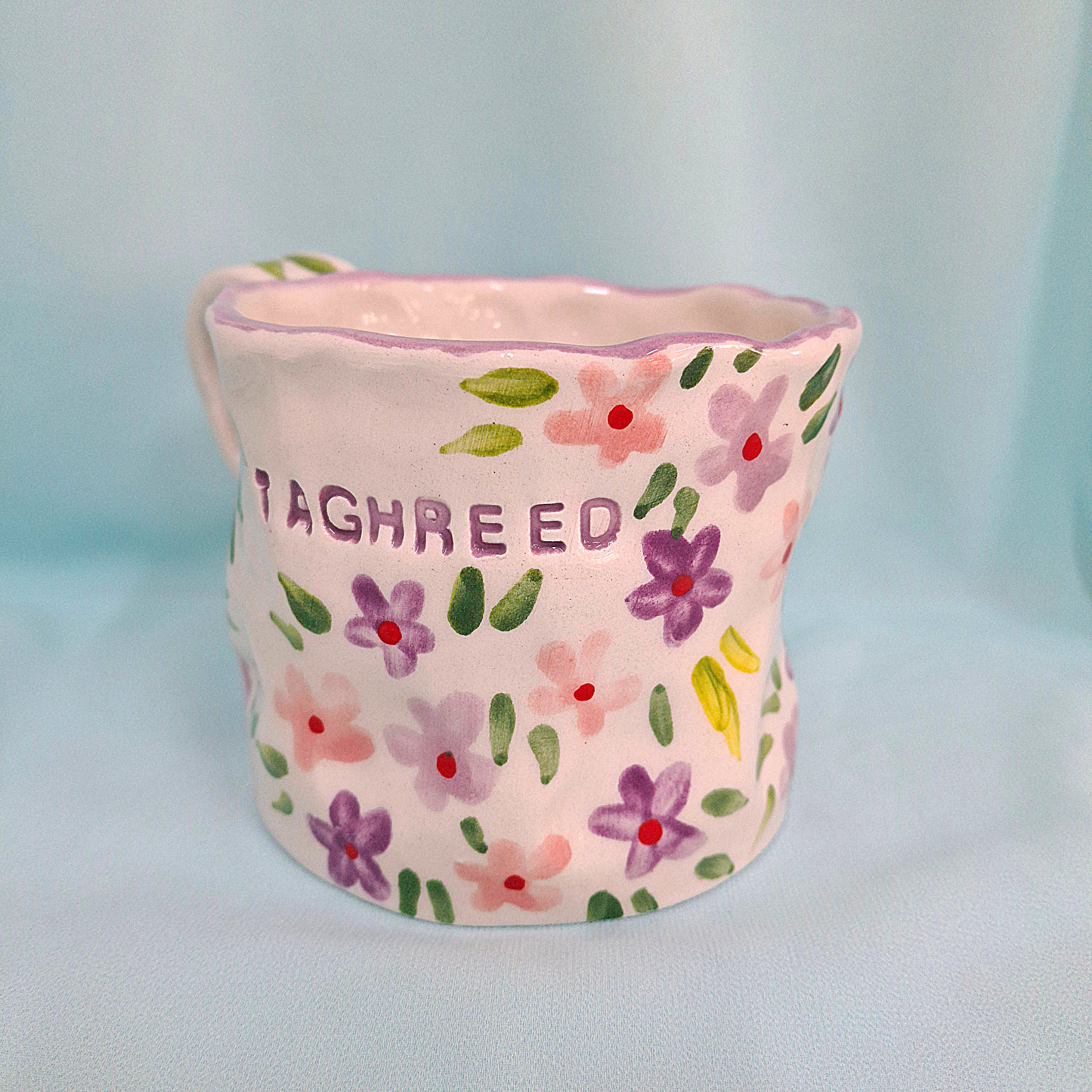 Handmade Pottery Mug . Customized Name. Purple & Pink Flowers