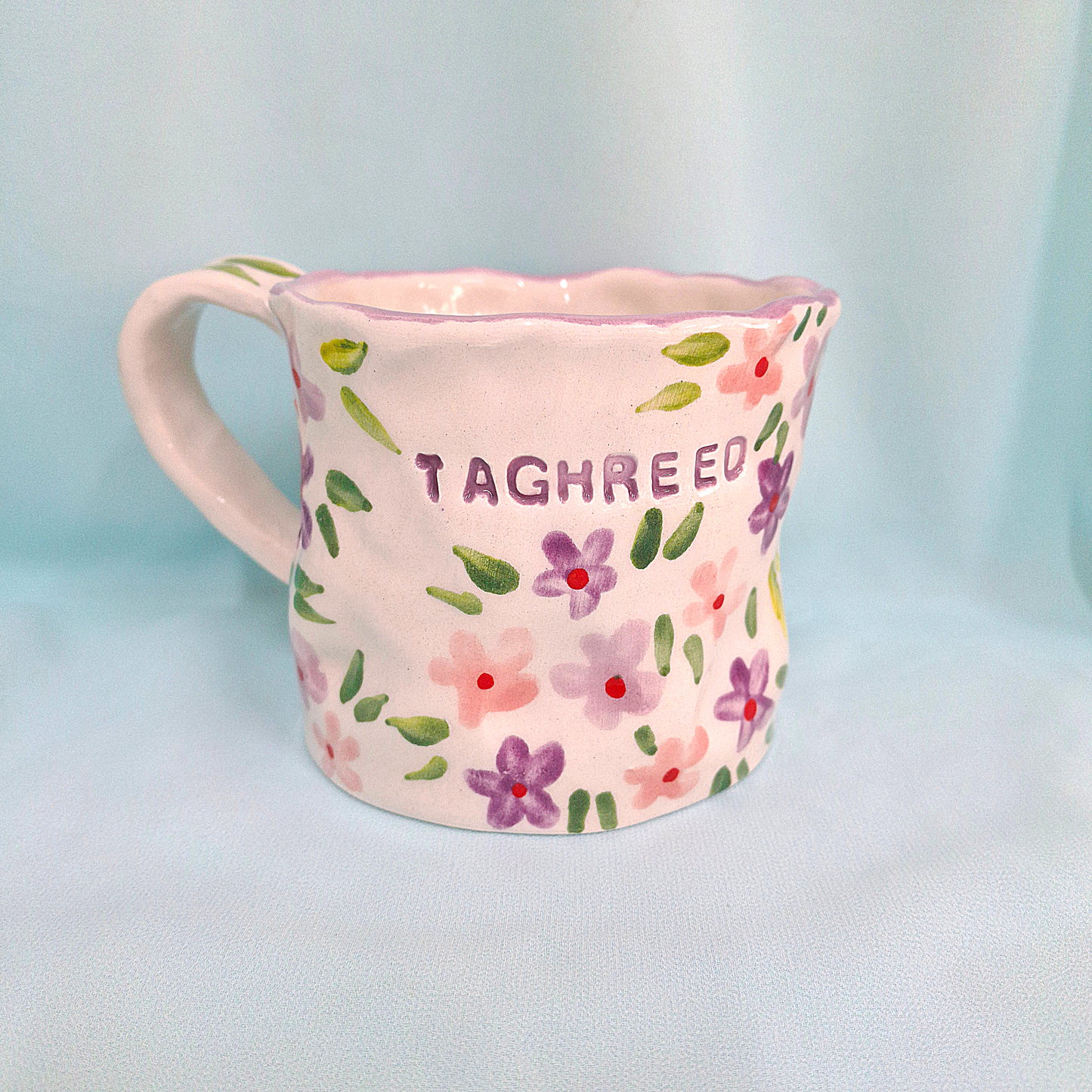 Handmade Pottery Mug . Customized Name. Purple & Pink Flowers