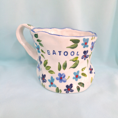 Handmade Pottery Mug . Customized Name . Blues Flowers