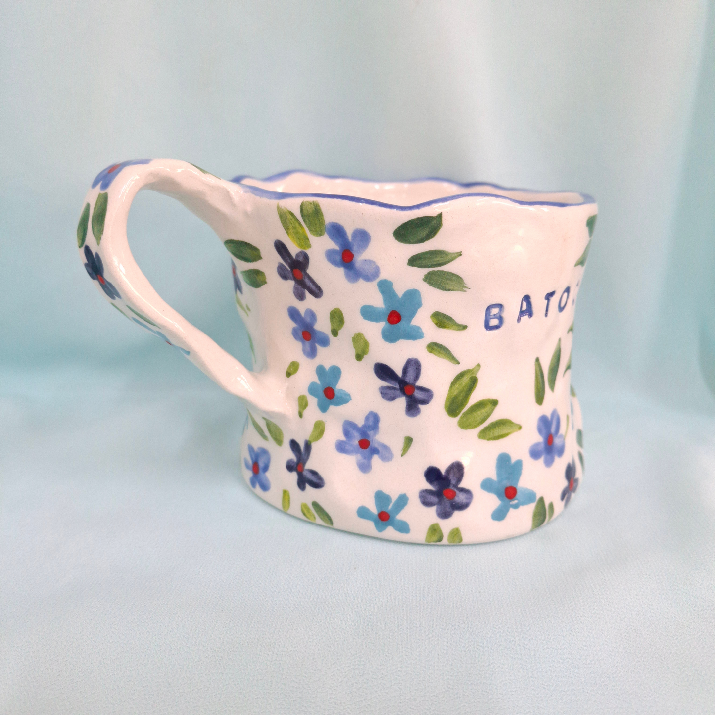 Handmade Pottery Mug . Customized Name . Blues Flowers