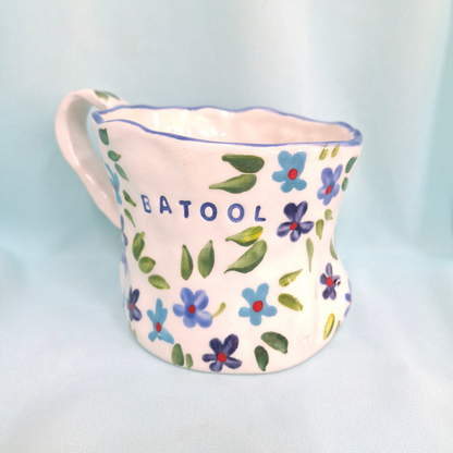 Handmade Pottery Mug . Customized Name . Blues Flowers