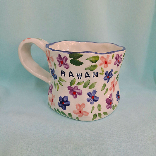 Handmade Pottery Mug . Customized Name .Dark Blue, Purple & Pinnk Flowers