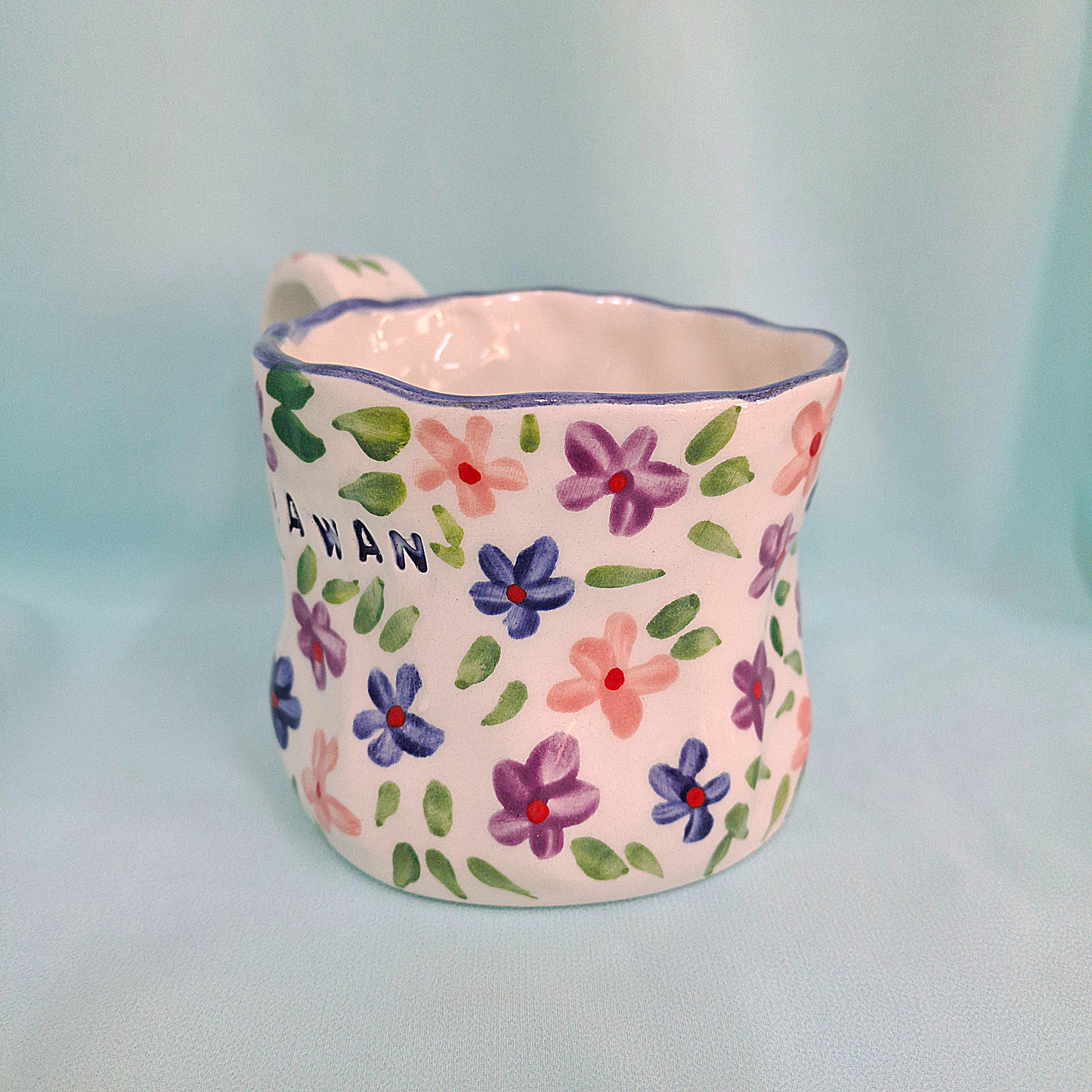 Handmade Pottery Mug . Customized Name .Dark Blue, Purple & Pinnk Flowers