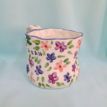 Handmade Pottery Mug . Customized Name .Dark Blue, Purple & Pinnk Flowers