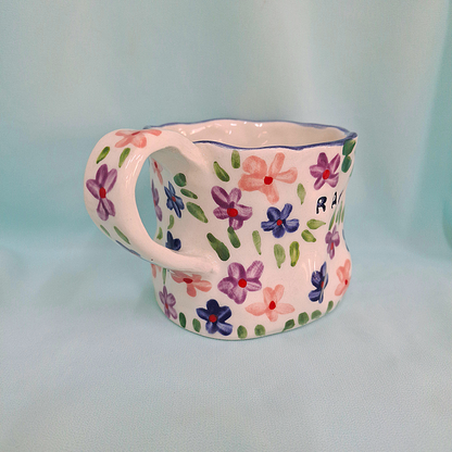 Handmade Pottery Mug . Customized Name .Dark Blue, Purple & Pinnk Flowers