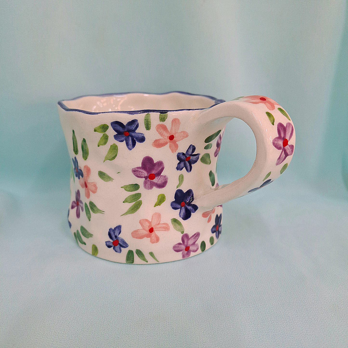 Handmade Pottery Mug . Customized Name .Dark Blue, Purple & Pinnk Flowers