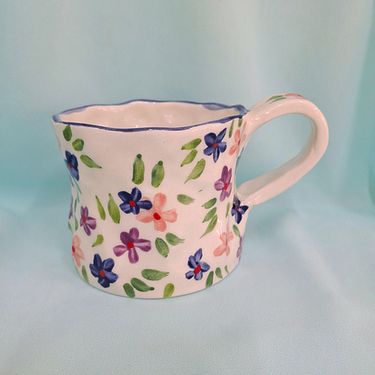 Handmade Pottery Mug . Customized Name .Dark Blue, Purple & Pinnk Flowers