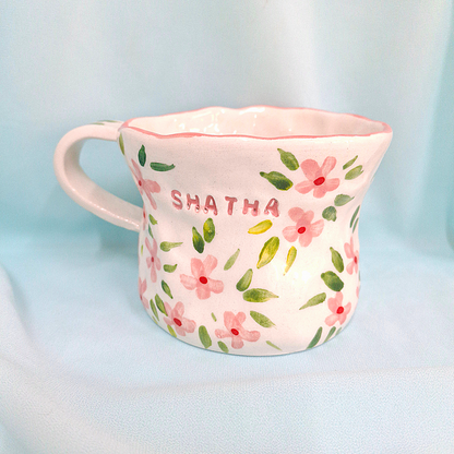 Handmade Pottery Mug . Customized Name . Pink Flowers