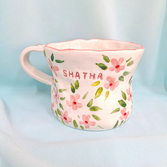 Handmade Pottery Mug . Customized Name . Pink Flowers