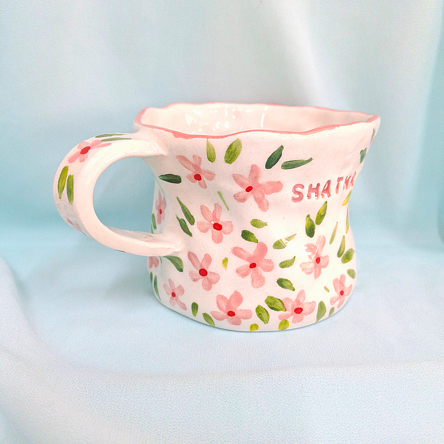 Handmade Pottery Mug . Customized Name . Pink Flowers