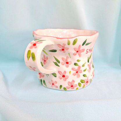 Handmade Pottery Mug . Customized Name . Pink Flowers