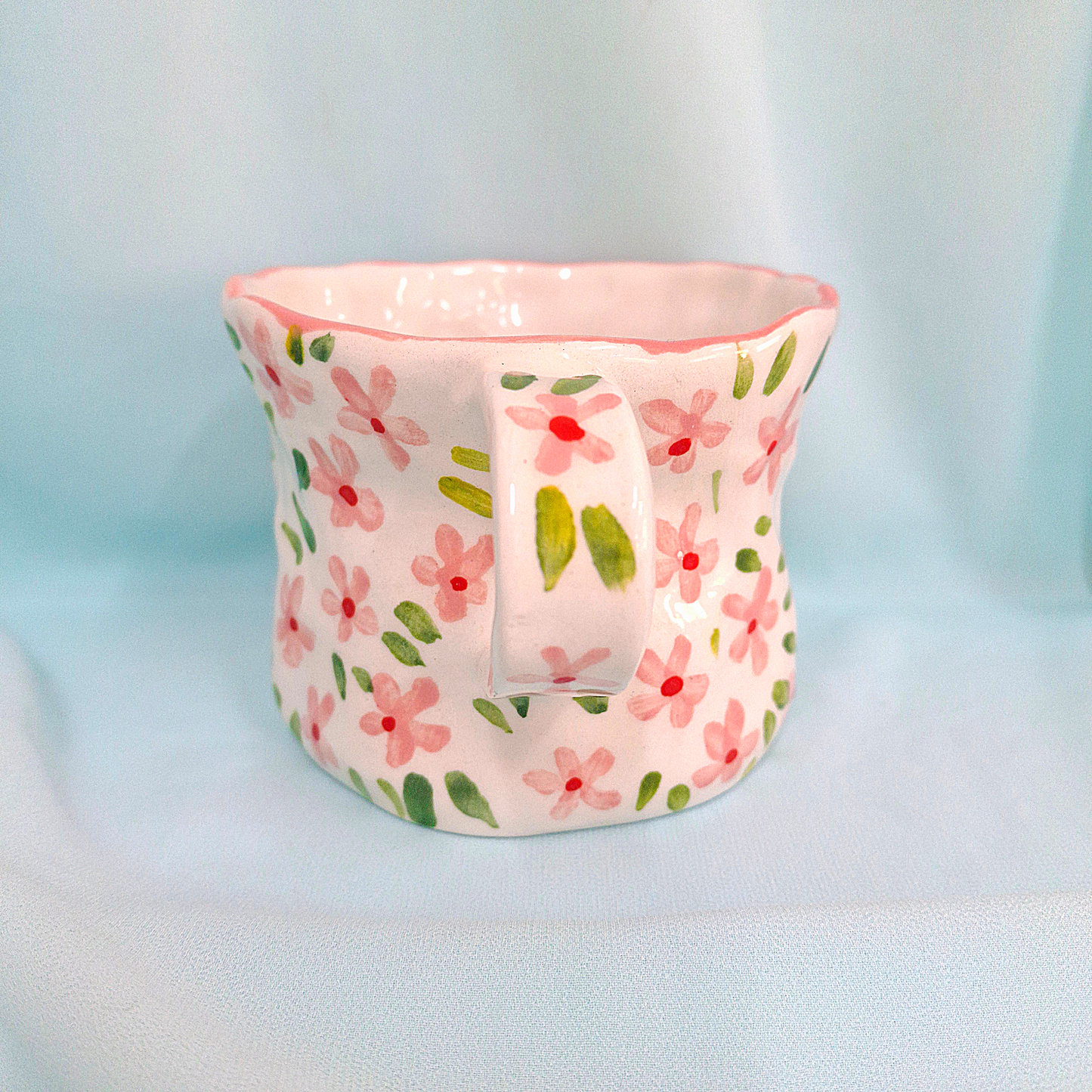 Handmade Pottery Mug . Customized Name . Pink Flowers