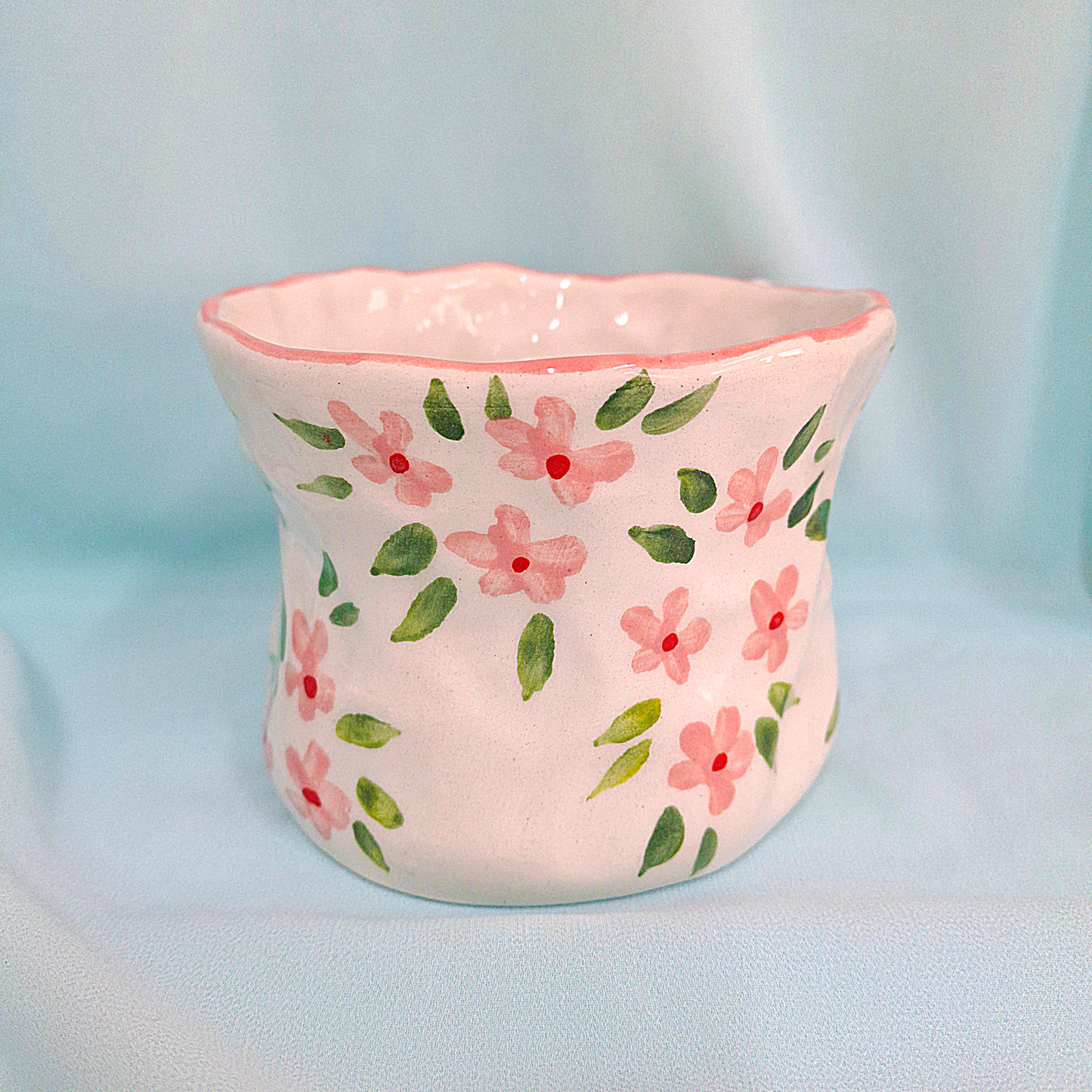 Handmade Pottery Mug . Customized Name . Pink Flowers