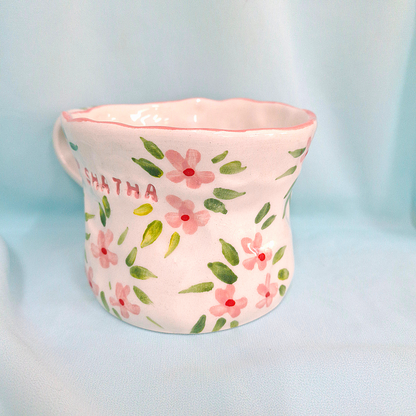 Handmade Pottery Mug . Customized Name . Pink Flowers