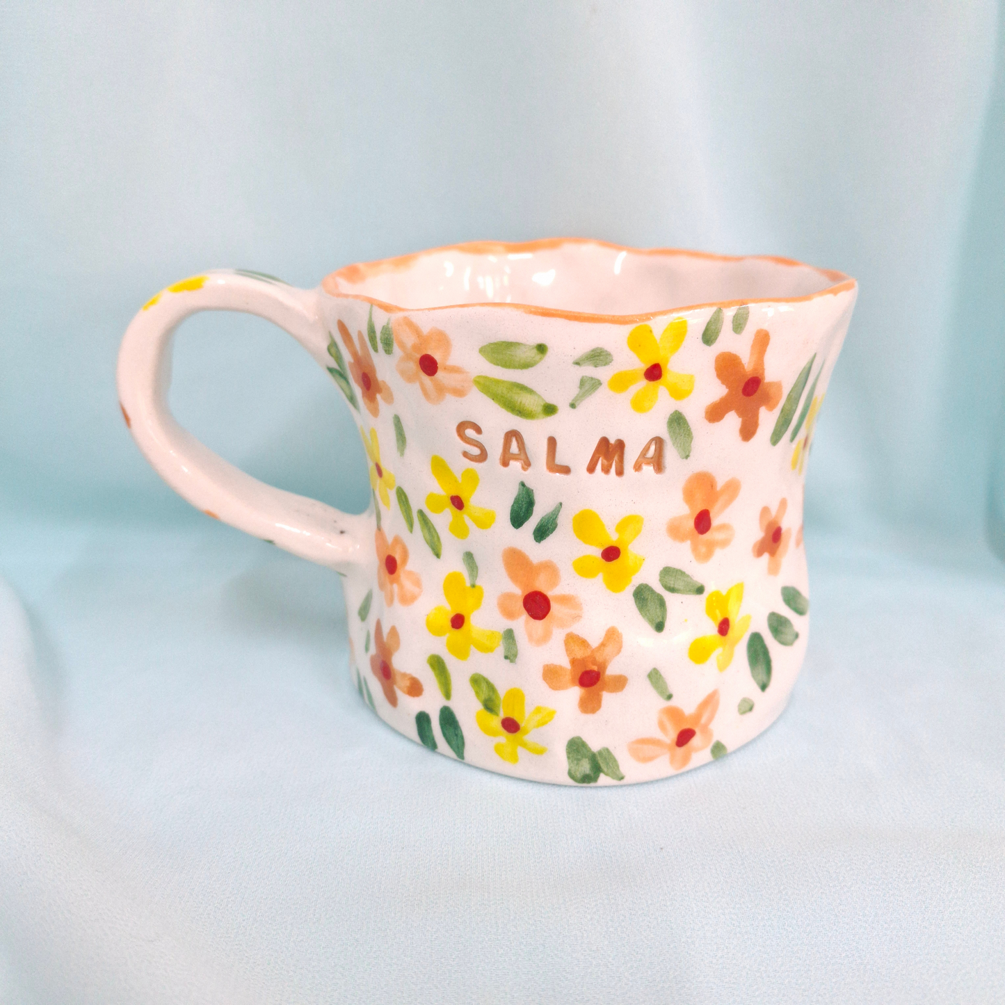 Handmade Pottery Mug . Customized Name . Orange & Yellow Flowers