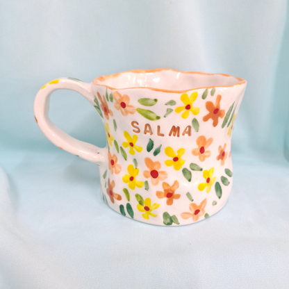 Handmade Pottery Mug . Customized Name . Orange & Yellow Flowers
