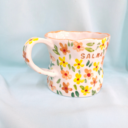 Handmade Pottery Mug . Customized Name . Orange & Yellow Flowers