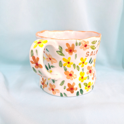 Handmade Pottery Mug . Customized Name . Orange & Yellow Flowers