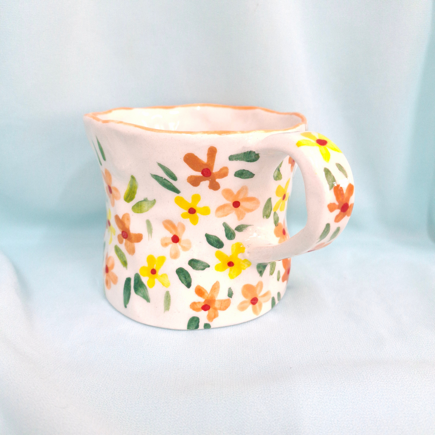 Handmade Pottery Mug . Customized Name . Orange & Yellow Flowers