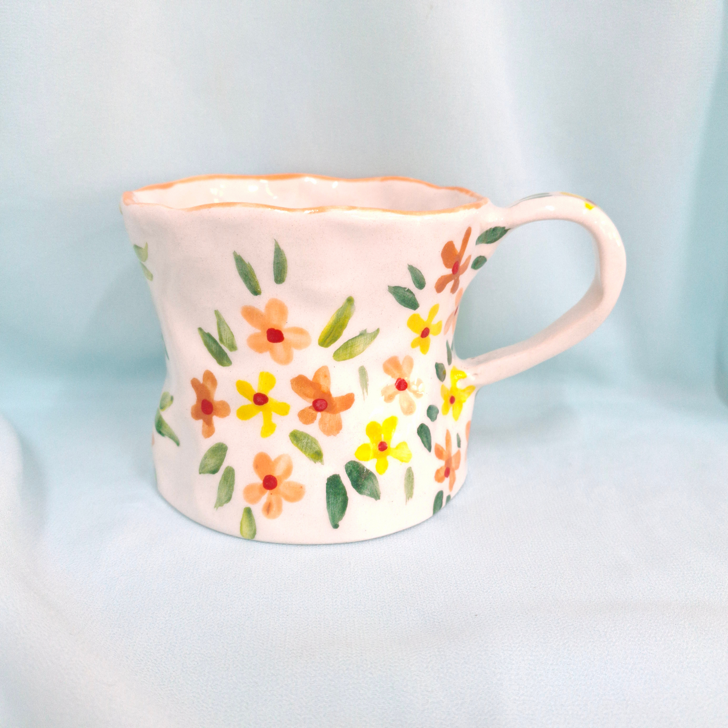 Handmade Pottery Mug . Customized Name . Orange & Yellow Flowers