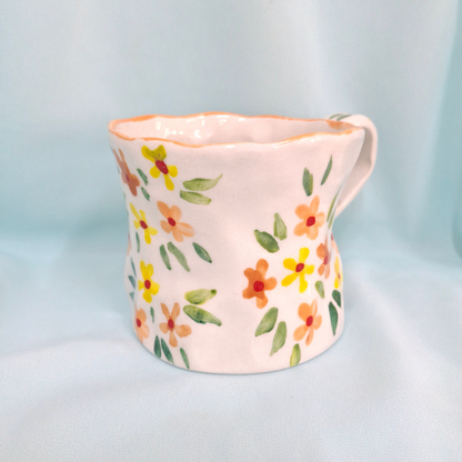 Handmade Pottery Mug . Customized Name . Orange & Yellow Flowers