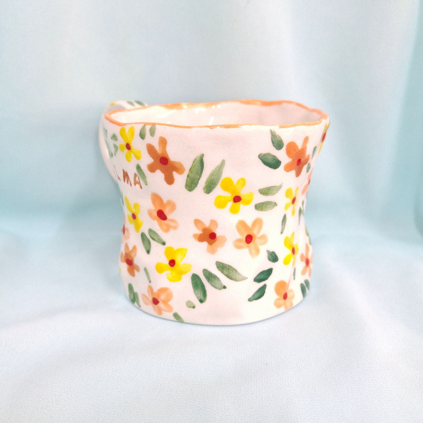 Handmade Pottery Mug . Customized Name . Orange & Yellow Flowers