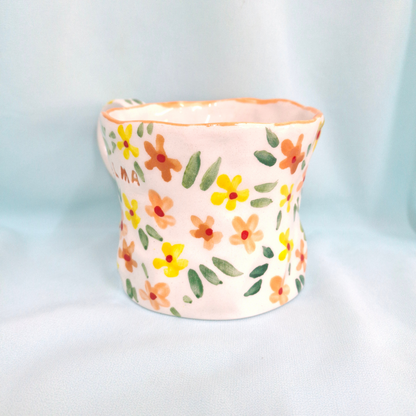 Handmade Pottery Mug . Customized Name . Orange & Yellow Flowers