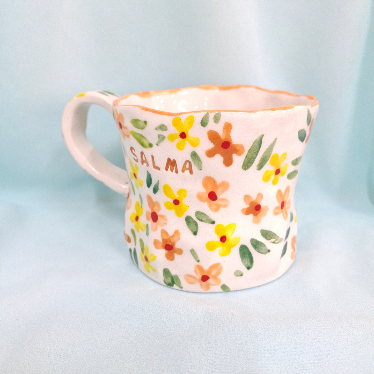 Handmade Pottery Mug . Customized Name . Orange & Yellow Flowers